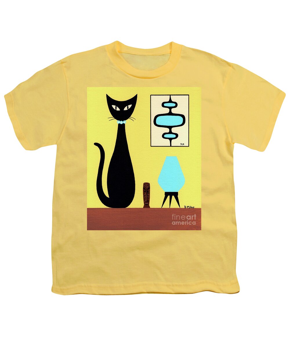 Mid Century Modern Black Cat Youth T-Shirt featuring the painting Yellow Tabletop Cat Beehive Lamp by Donna Mibus