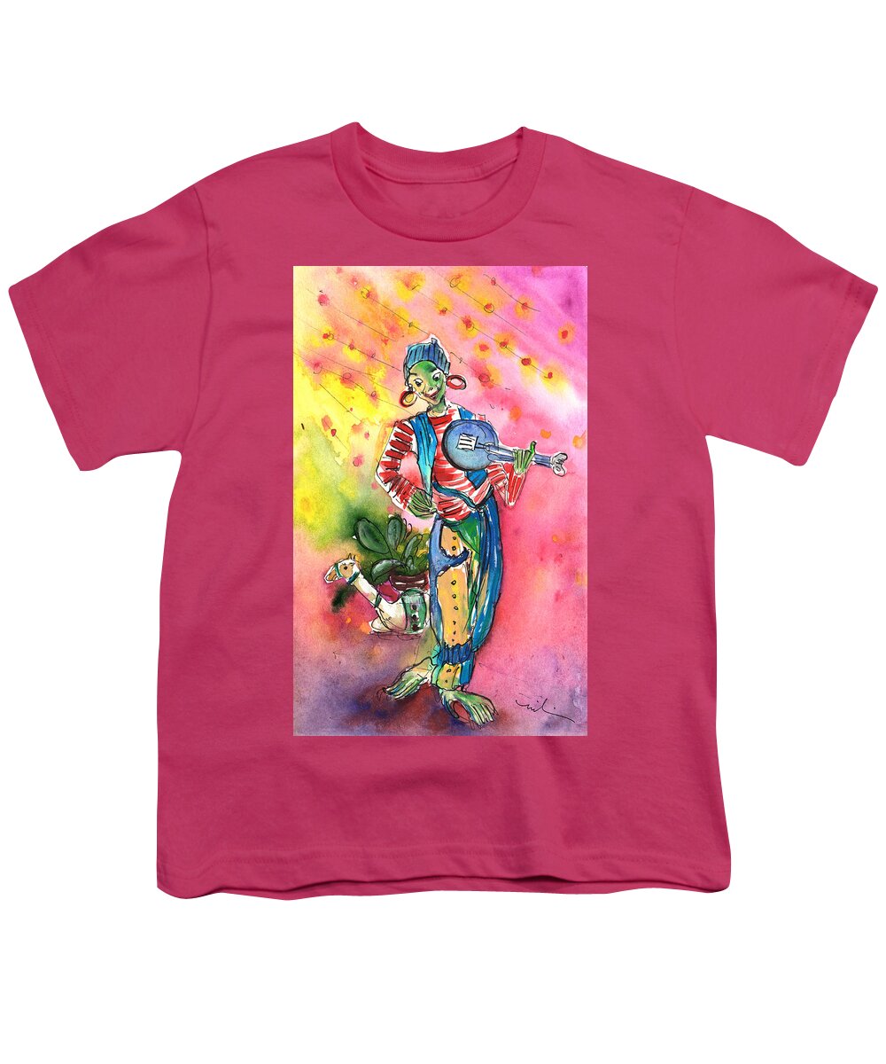Travel Youth T-Shirt featuring the painting Musician in Crocodile Park in Gran Canaria 01 by Miki De Goodaboom