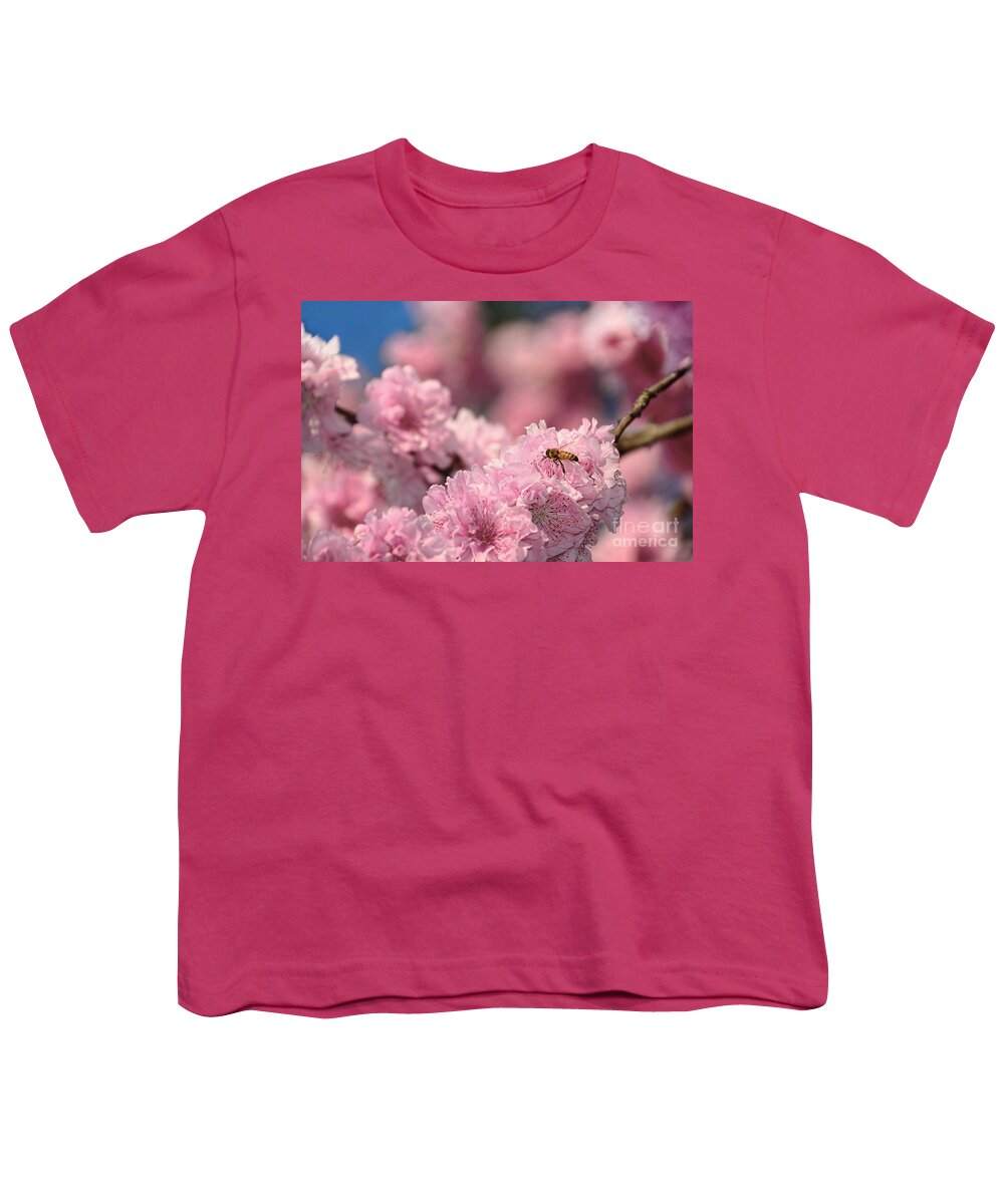 Photography Youth T-Shirt featuring the photograph Cherry Blossoms and a Bee by Kaye Menner by Kaye Menner