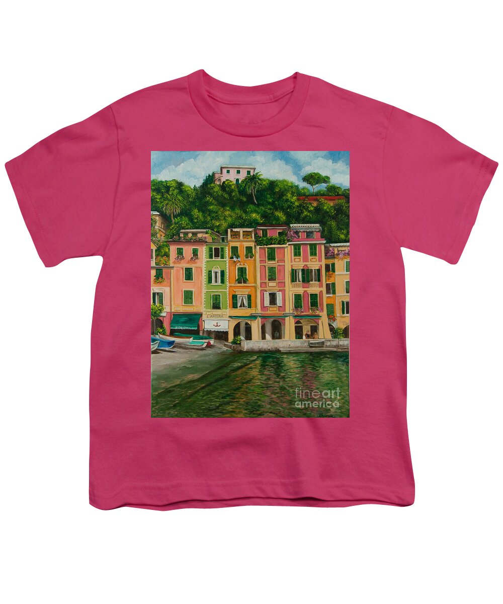 Portofino Italy Art Youth T-Shirt featuring the painting Colorful Portofino by Charlotte Blanchard