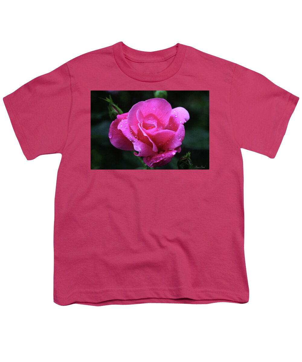 Roses Youth T-Shirt featuring the photograph Pink Rose with Raindrops by Trina Ansel