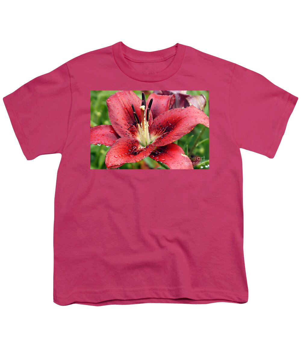Red Lily Youth T-Shirt featuring the photograph Red Wet and Wild by Lilliana Mendez