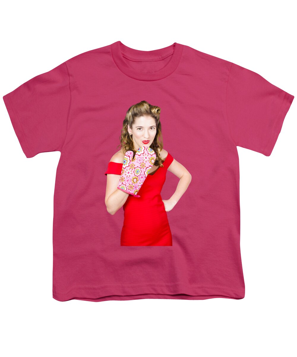 Funny Youth T-Shirt featuring the photograph Surprise cooking pinup woman with cook mitt by Jorgo Photography