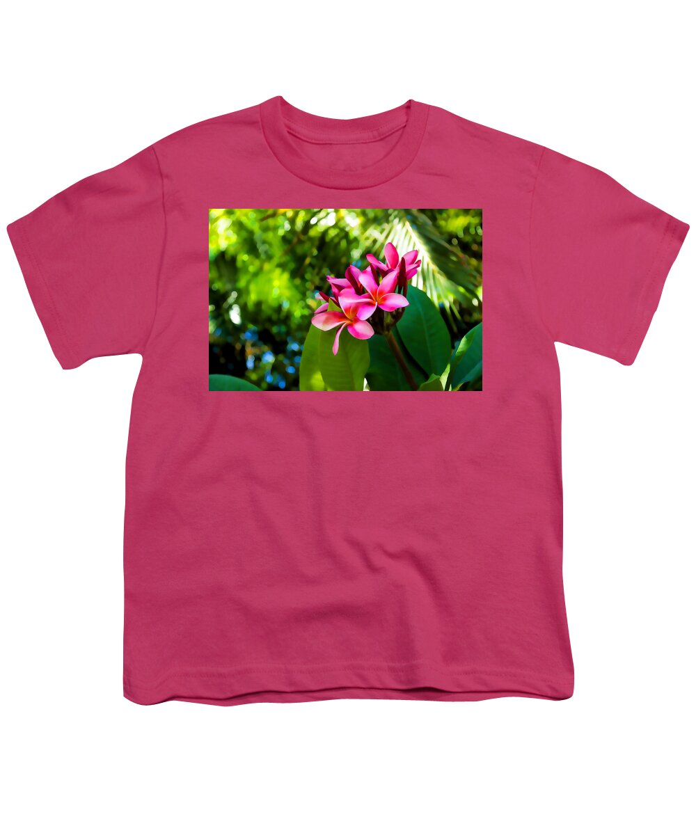 Tropical Impression Youth T-Shirt featuring the painting Tropical Impressions - Vivid Pink Plumeria Blossoms by Georgia Mizuleva