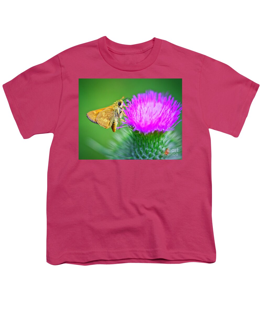 Woodland Skipper Youth T-Shirt featuring the photograph Woodland Skipper on Thistle by Bruce Block
