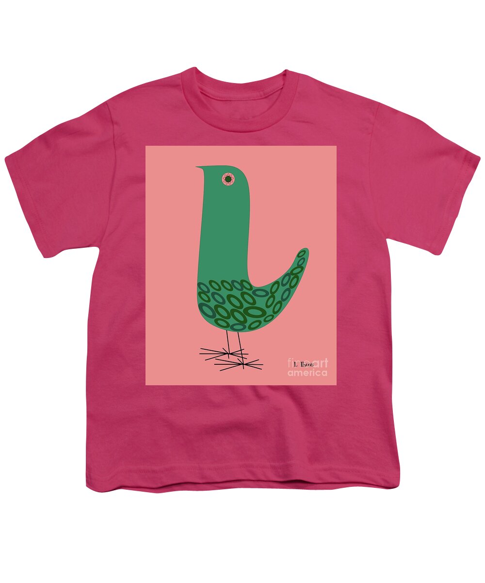 Mid Century Modern Youth T-Shirt featuring the digital art Mid Century Bird in Pink by Donna Mibus