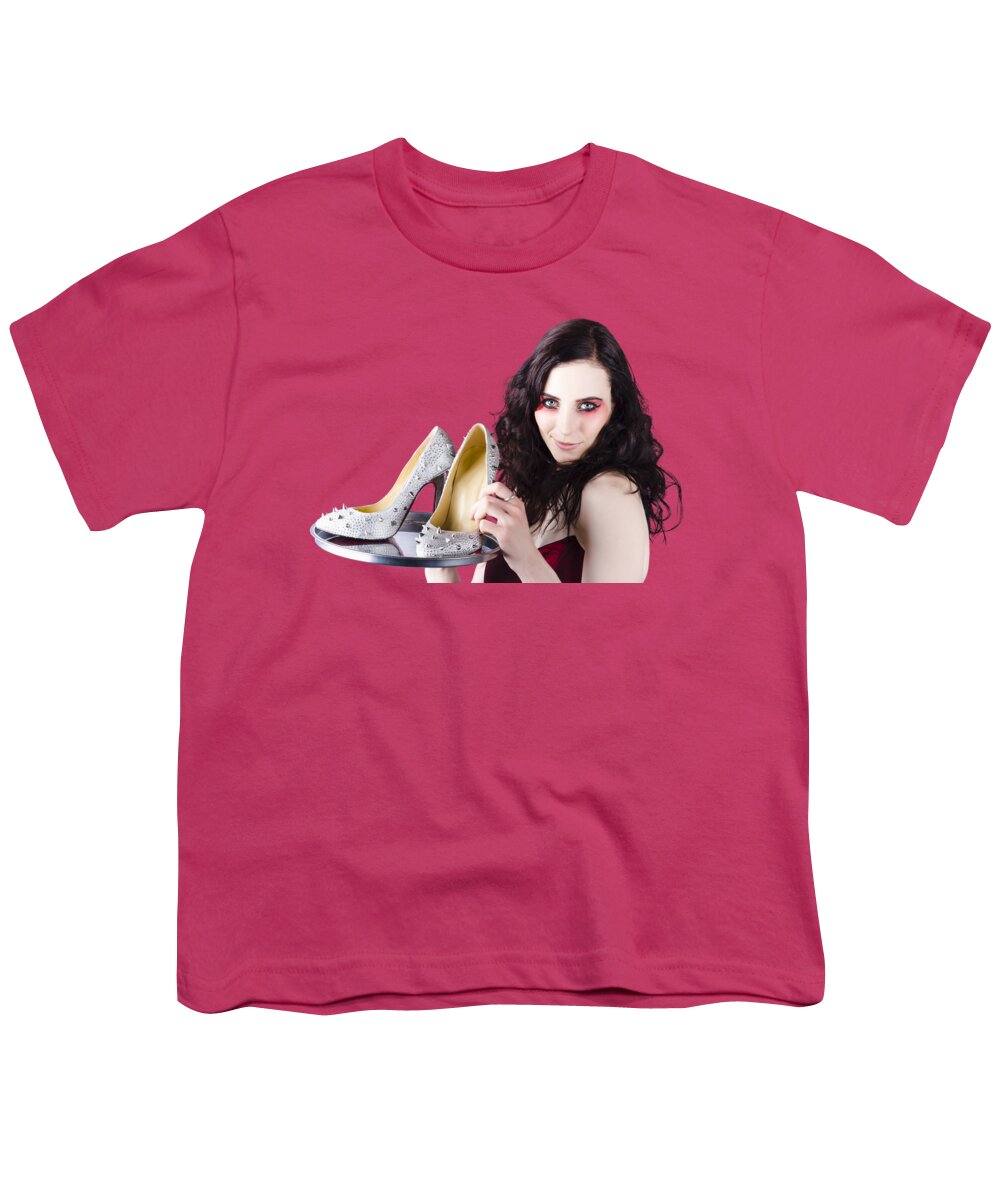 Shoes Youth T-Shirt featuring the photograph Pretty woman selling shoes on silver plate by Jorgo Photography