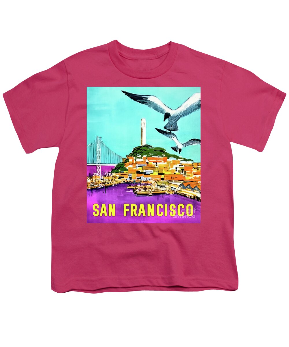 Bay Youth T-Shirt featuring the drawing Retro San Francisco Travel Poster 1952 by M G Whittingham