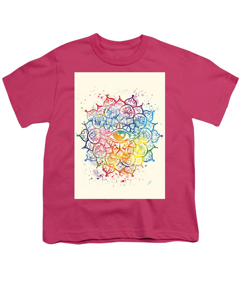 Watercolor Youth T-Shirt featuring the painting Watercolor mandala, EYE of CONSCIOUSNESS by Vart by Vart