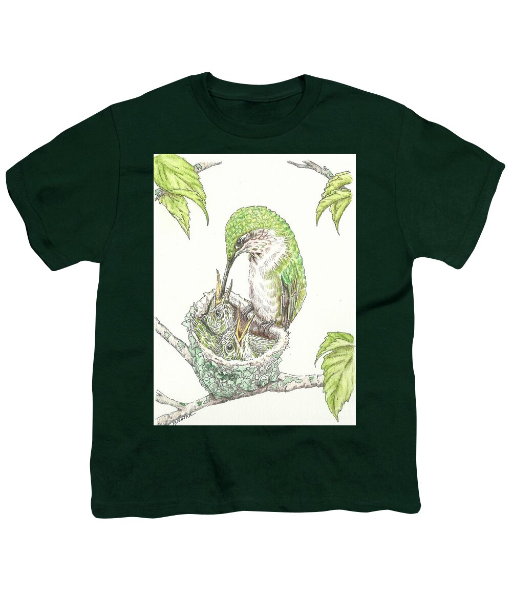 Ruby Throated Hummingbird Youth T-Shirt featuring the painting A Family Tree by Sue Bonnar