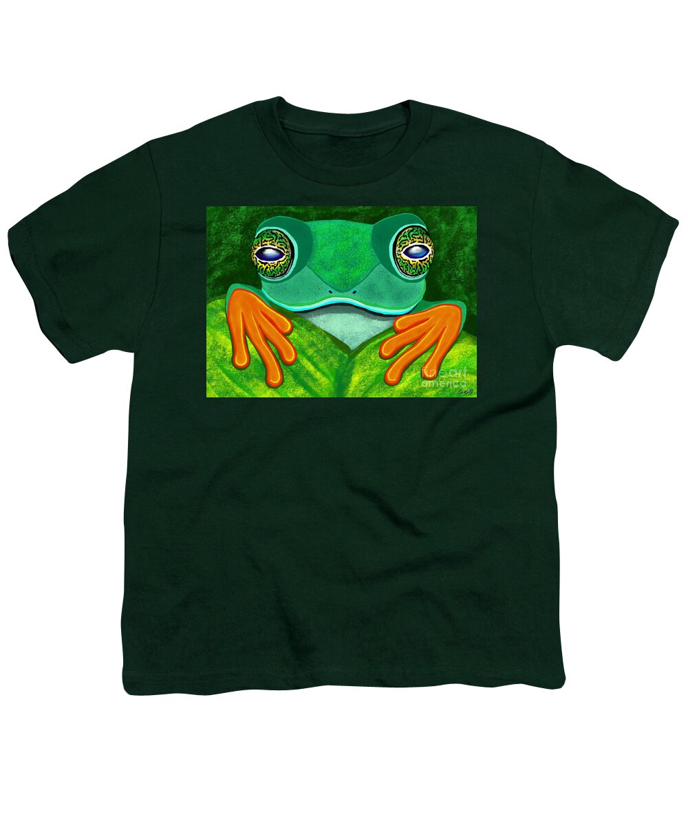 Frog Youth T-Shirt featuring the digital art Frog peeking over leaf by Nick Gustafson