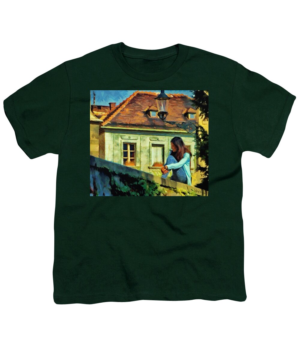 Bratislava Youth T-Shirt featuring the painting Girl Posing on Stone Wall by Jeffrey Kolker