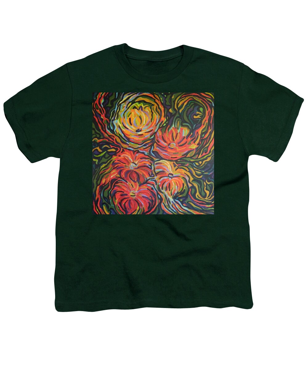 Zinnias Youth T-Shirt featuring the painting In full bloom by Zofia Kijak