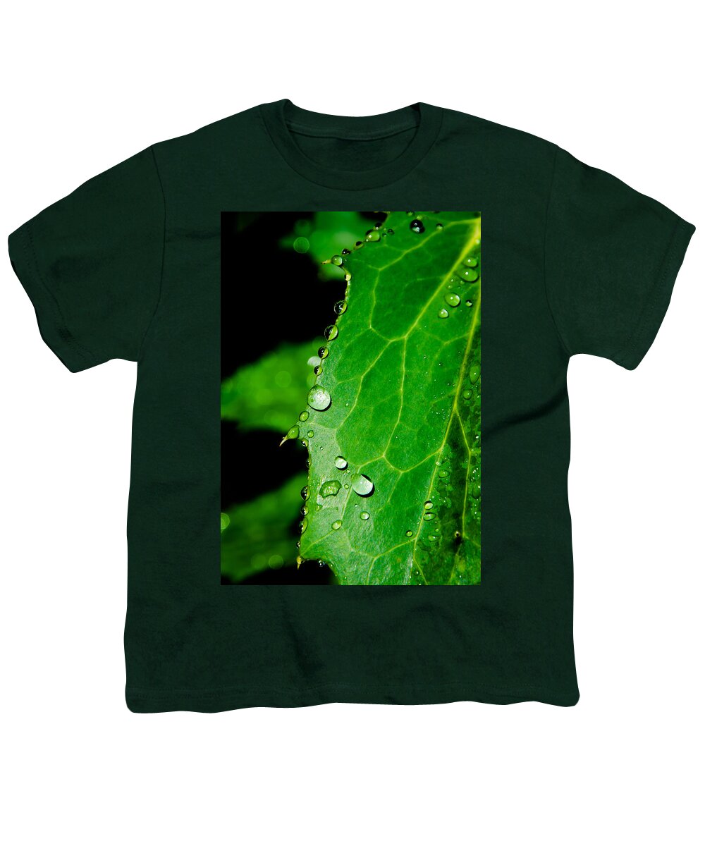 Raindrops Youth T-Shirt featuring the photograph Raindrops On Green Leaf by Andreas Berthold