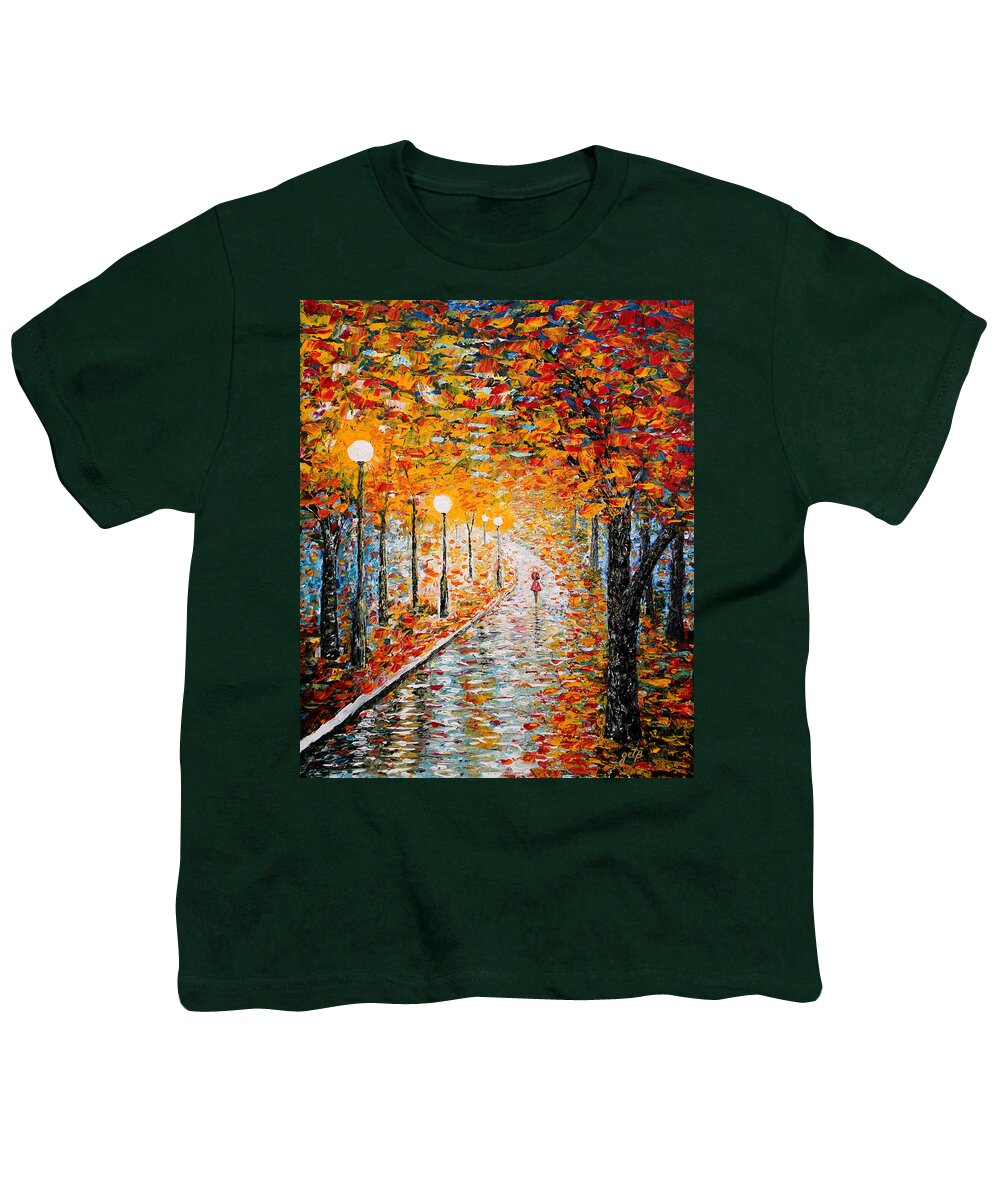 Impressionism Autumn Youth T-Shirt featuring the painting Rainy Autumn Day palette knife original by Georgeta Blanaru