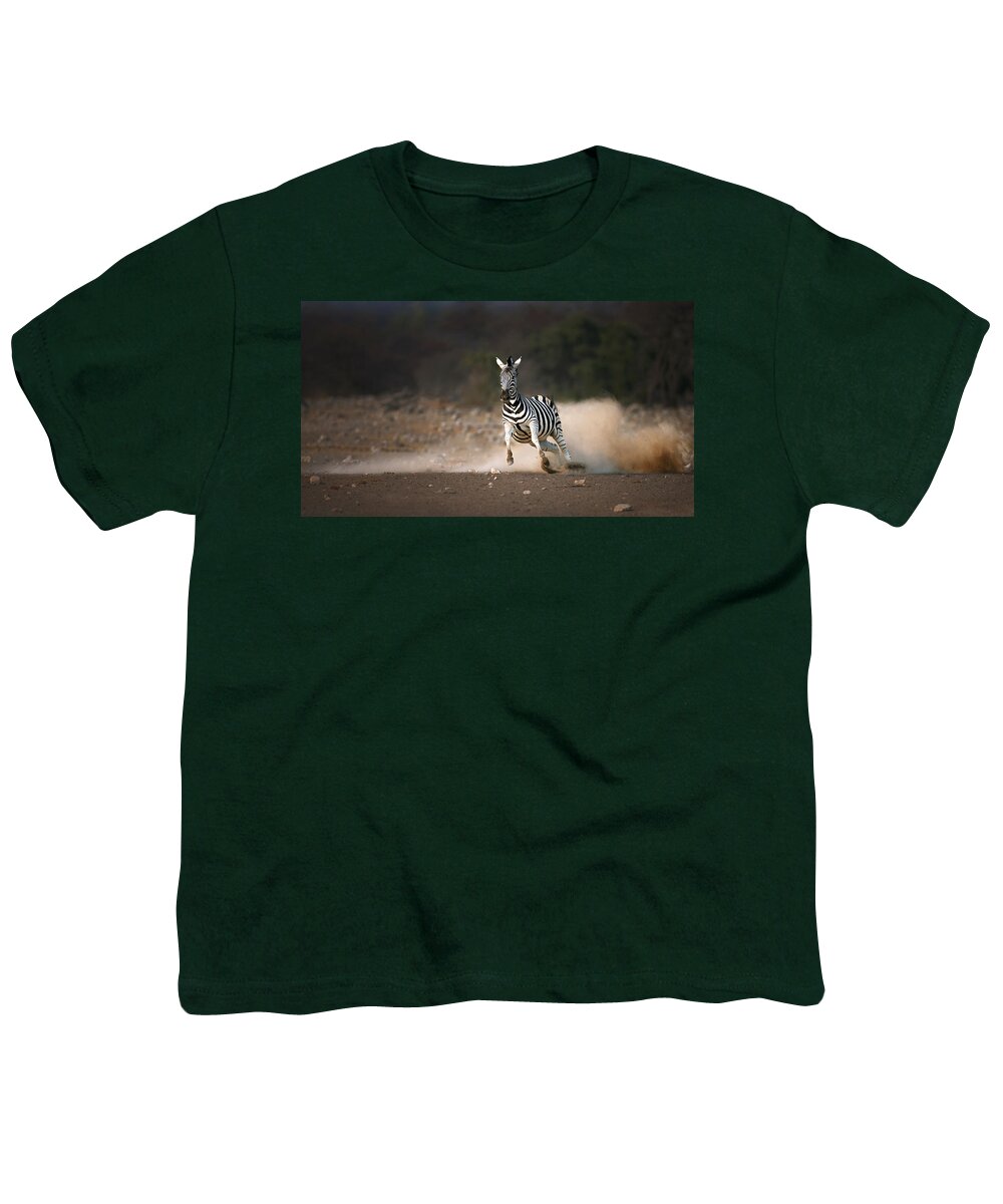 Zebra Youth T-Shirt featuring the photograph Running Zebra by Johan Swanepoel