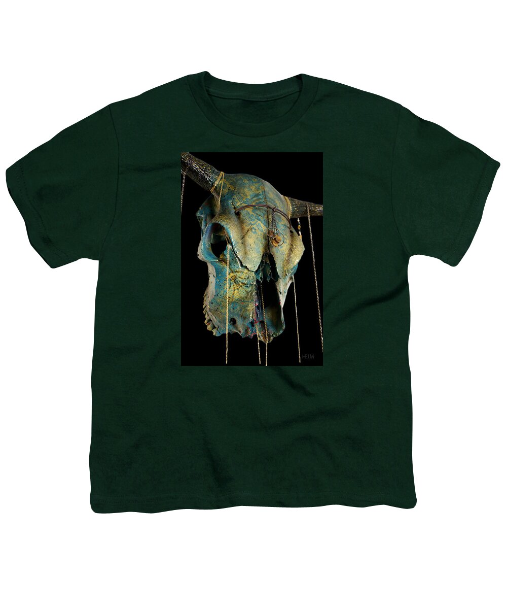  Skull Photographs Youth T-Shirt featuring the mixed media Turquoise and Gold Illuminating Steer Skull by Mayhem Mediums