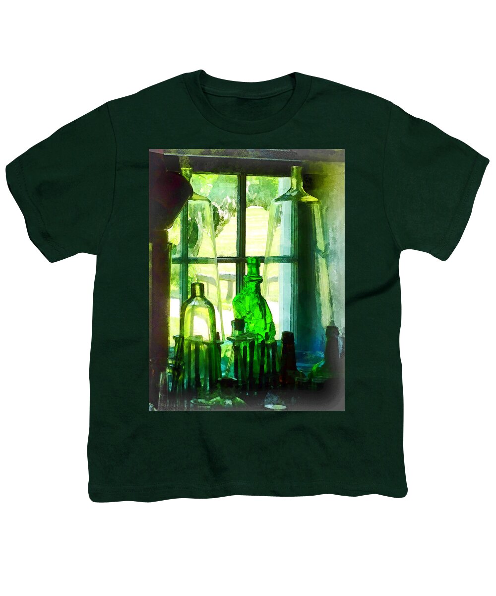 Bottles Youth T-Shirt featuring the photograph Green Bottles on Windowsill by Susan Savad