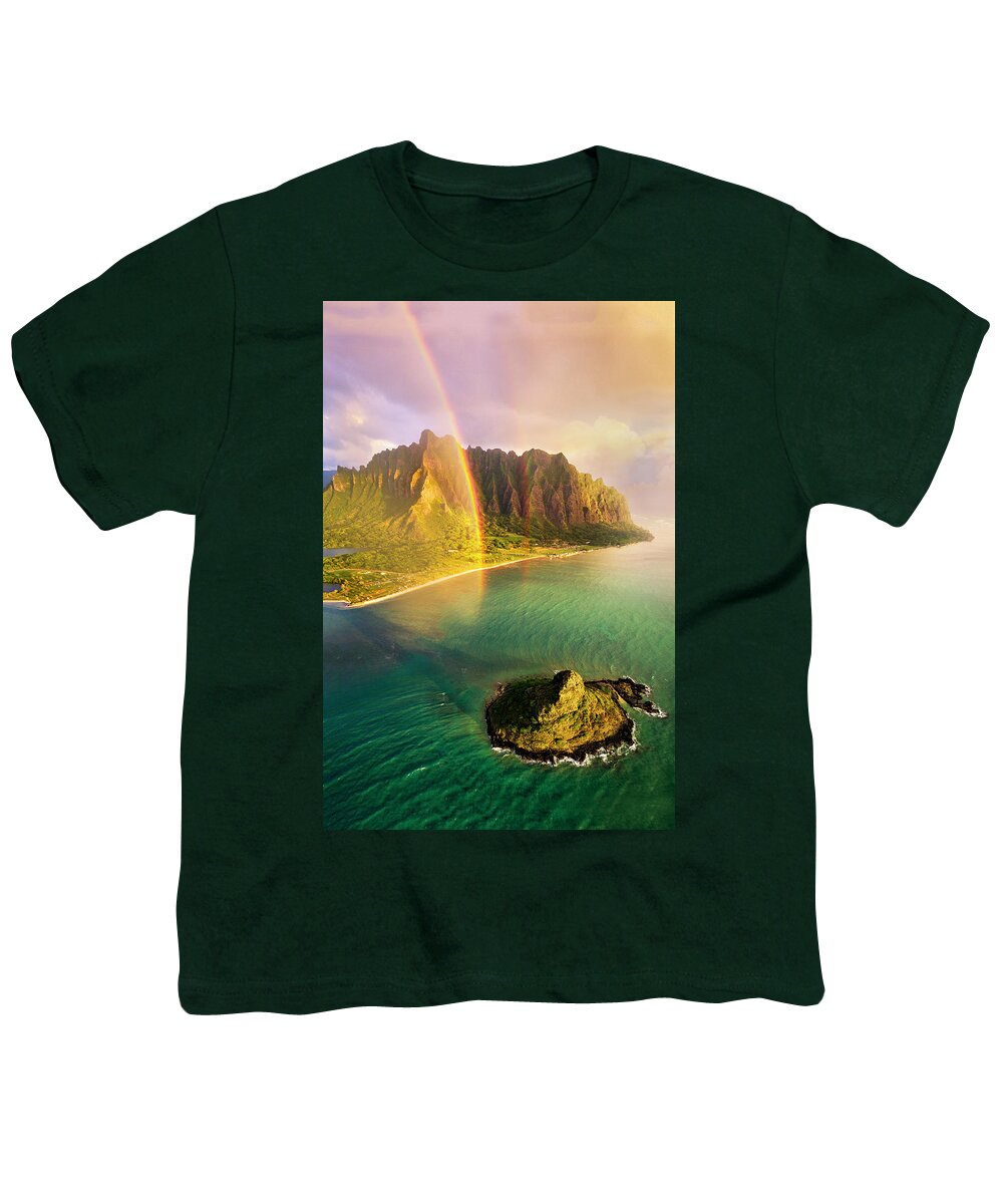 Seascape Mountains Rainbows Ocean Kaneohe Youth T-Shirt featuring the photograph Kaneohe Rainbows by James Roemmling