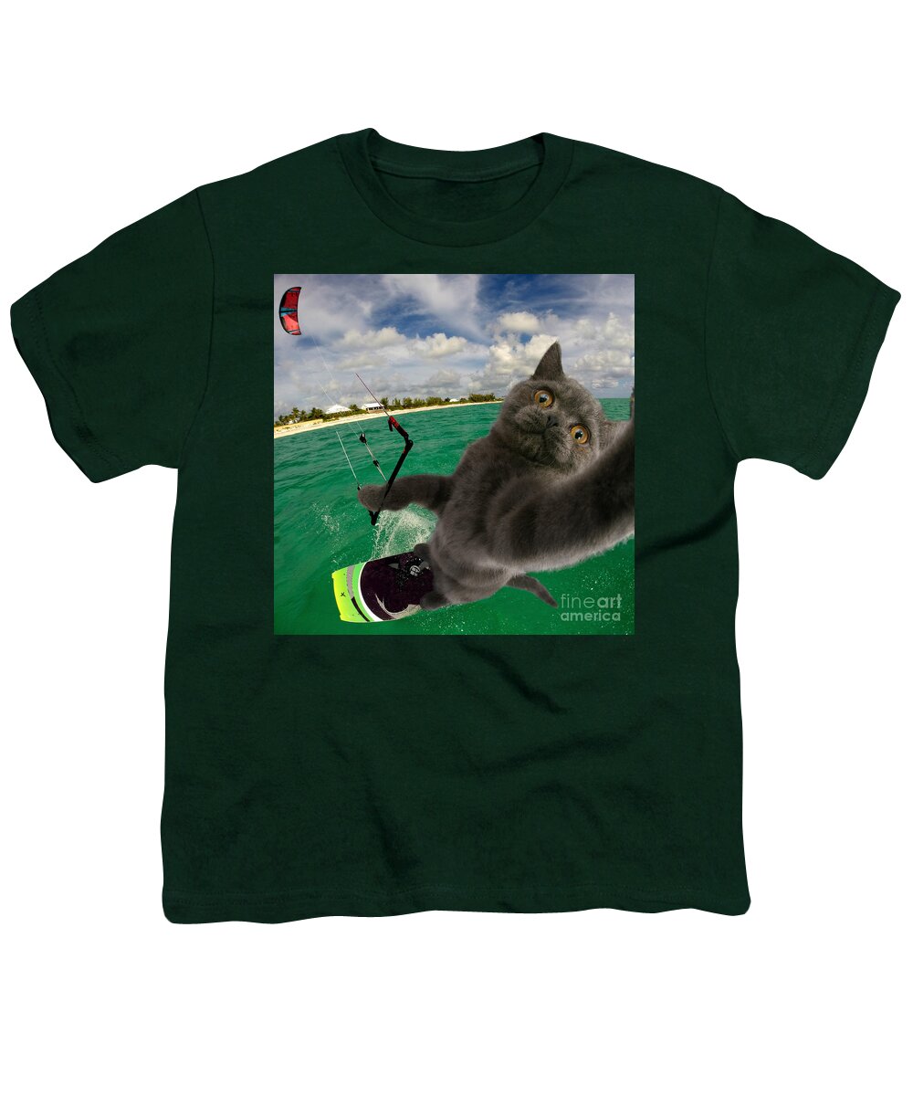 Kite Youth T-Shirt featuring the photograph Kite Surfing Cat Selfie by Warren Photographic