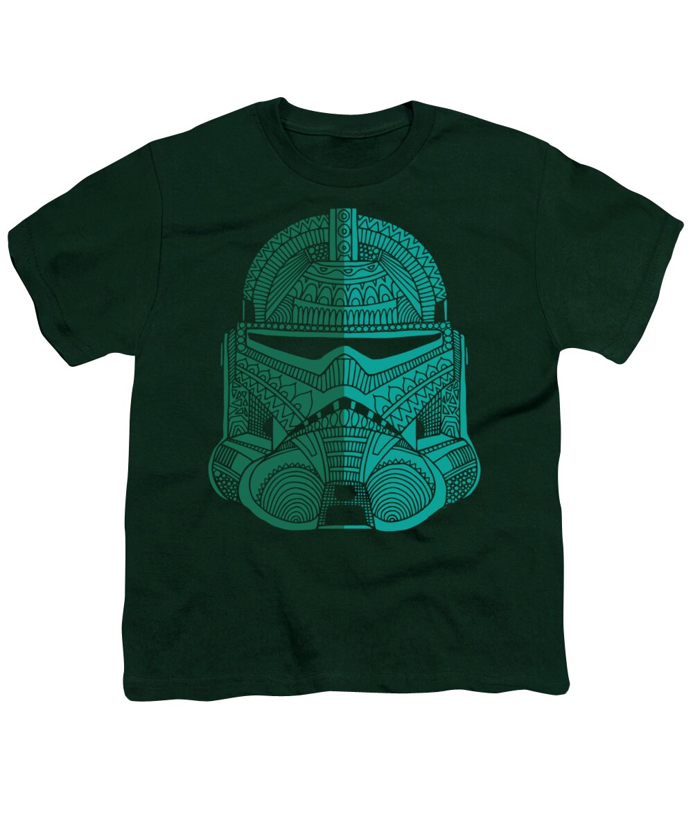 Stormtrooper Youth T-Shirt featuring the mixed media Stormtrooper Helmet - Star Wars Art - Blue Green by Studio Grafiikka