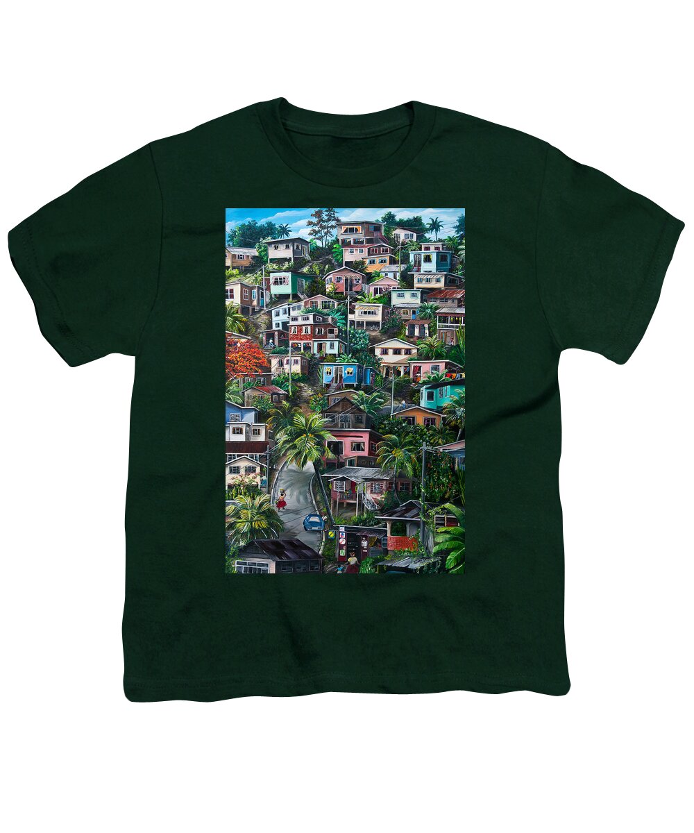  Landscape Painting Cityscape Painting Houses Painting Hill Painting Lavantille Port Of Spain Painting Trinidad And Tobago Painting Caribbean Painting Tropical Painting Caribbean Painting Original Painting Greeting Card Painting Youth T-Shirt featuring the painting THE HILL   Trinidad by Karin Dawn Kelshall- Best