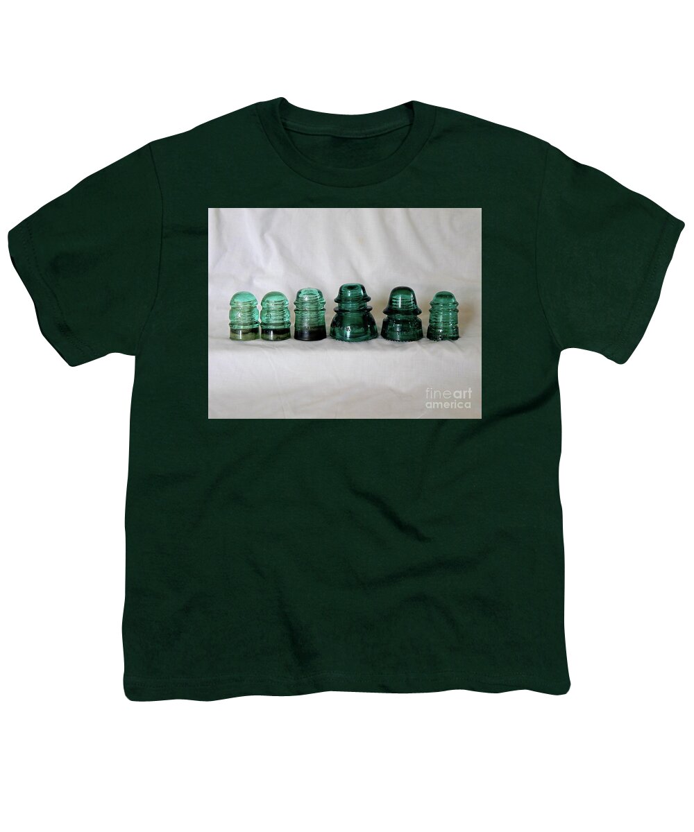 Green Glass Youth T-Shirt featuring the digital art Vintage Green Glass Insulators by Phil Perkins