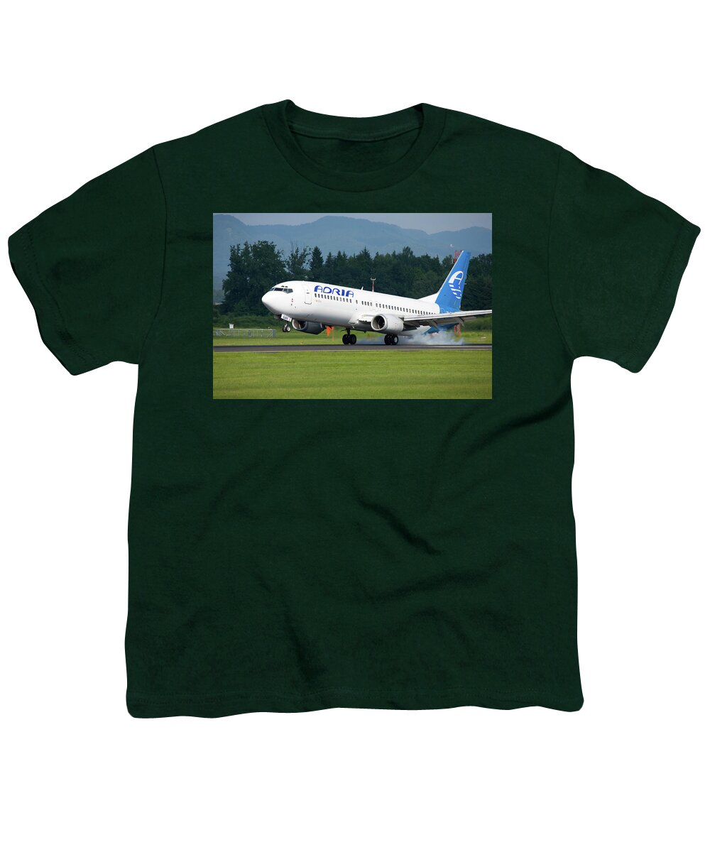 Adria Youth T-Shirt featuring the photograph Adria aircraft landing at Ljubljana Joze Pucnik Airport #1 by Ian Middleton