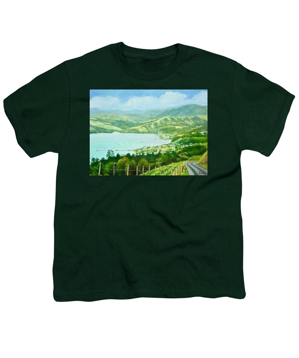 Harbour Youth T-Shirt featuring the painting Above Akaroa Harbour New Zealand by Dai Wynn