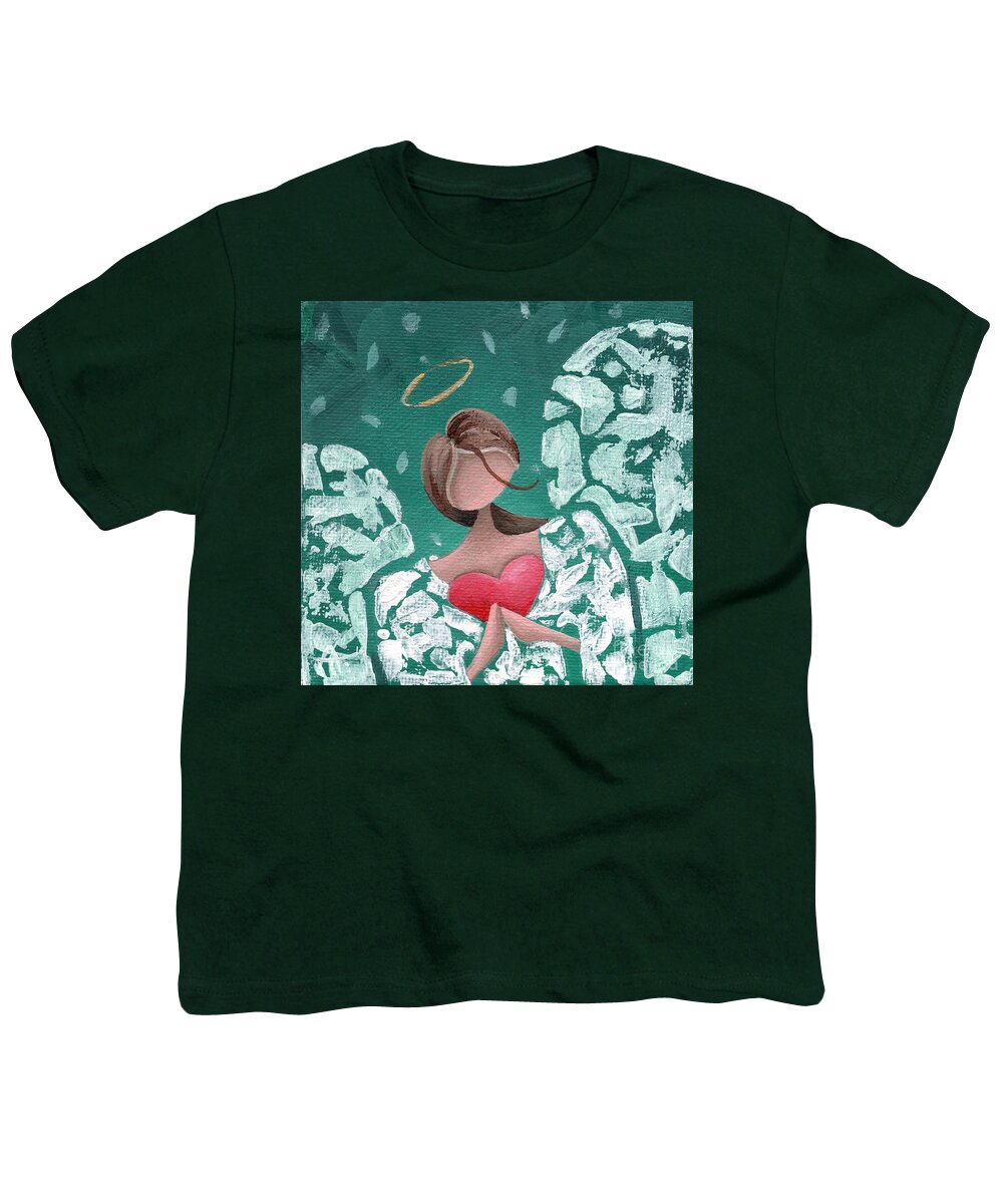 Angel Youth T-Shirt featuring the painting Angel Hearted - Teal Square by Annie Troe