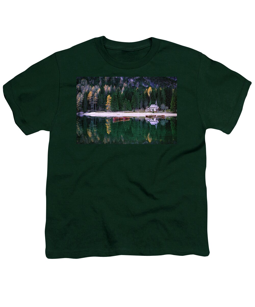 Lago Di Braies Youth T-Shirt featuring the photograph At the lake of Braies by Elias Pentikis