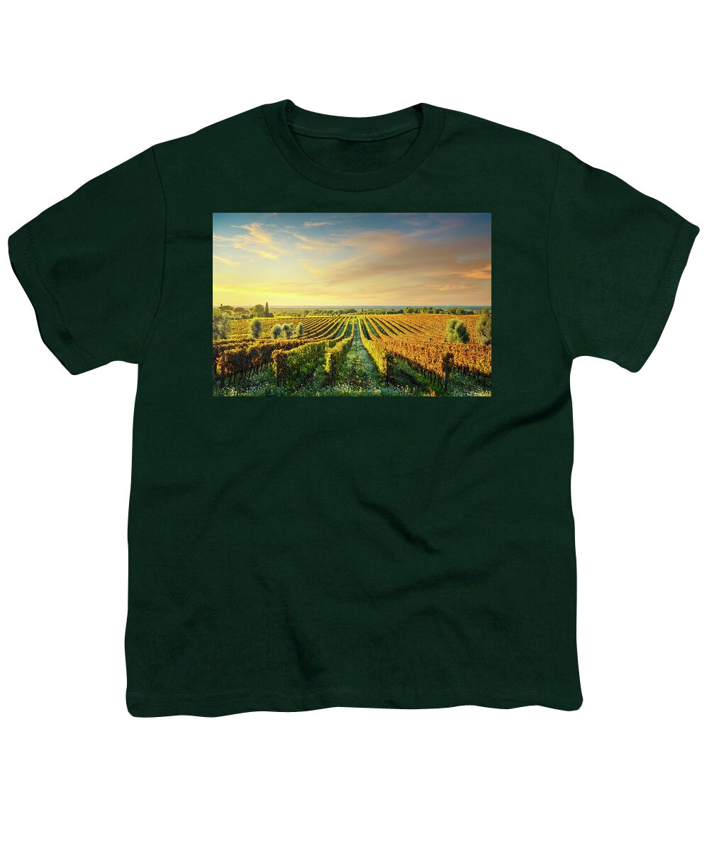 Bolgheri Youth T-Shirt featuring the photograph Bolgheri vineyard at sunset. Tuscany by Stefano Orazzini