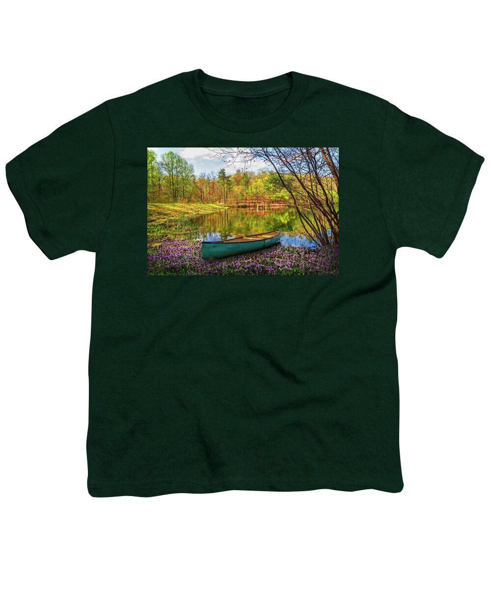 Benton Youth T-Shirt featuring the photograph Canoe in the Spring Wildflowers at the Lake by Debra and Dave Vanderlaan