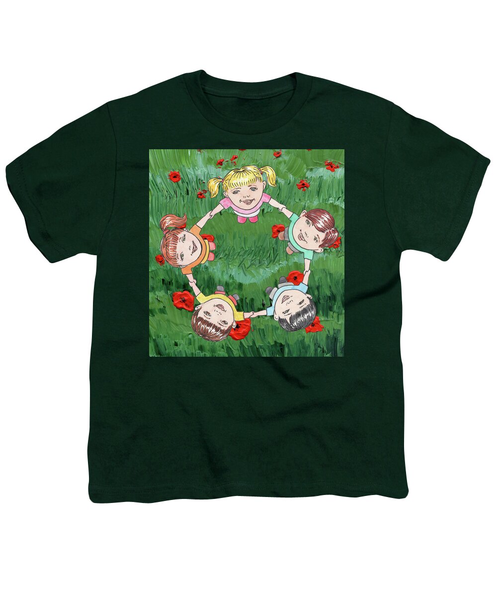 Poppy Youth T-Shirt featuring the painting Dancing Children On Red Poppy Field by Irina Sztukowski
