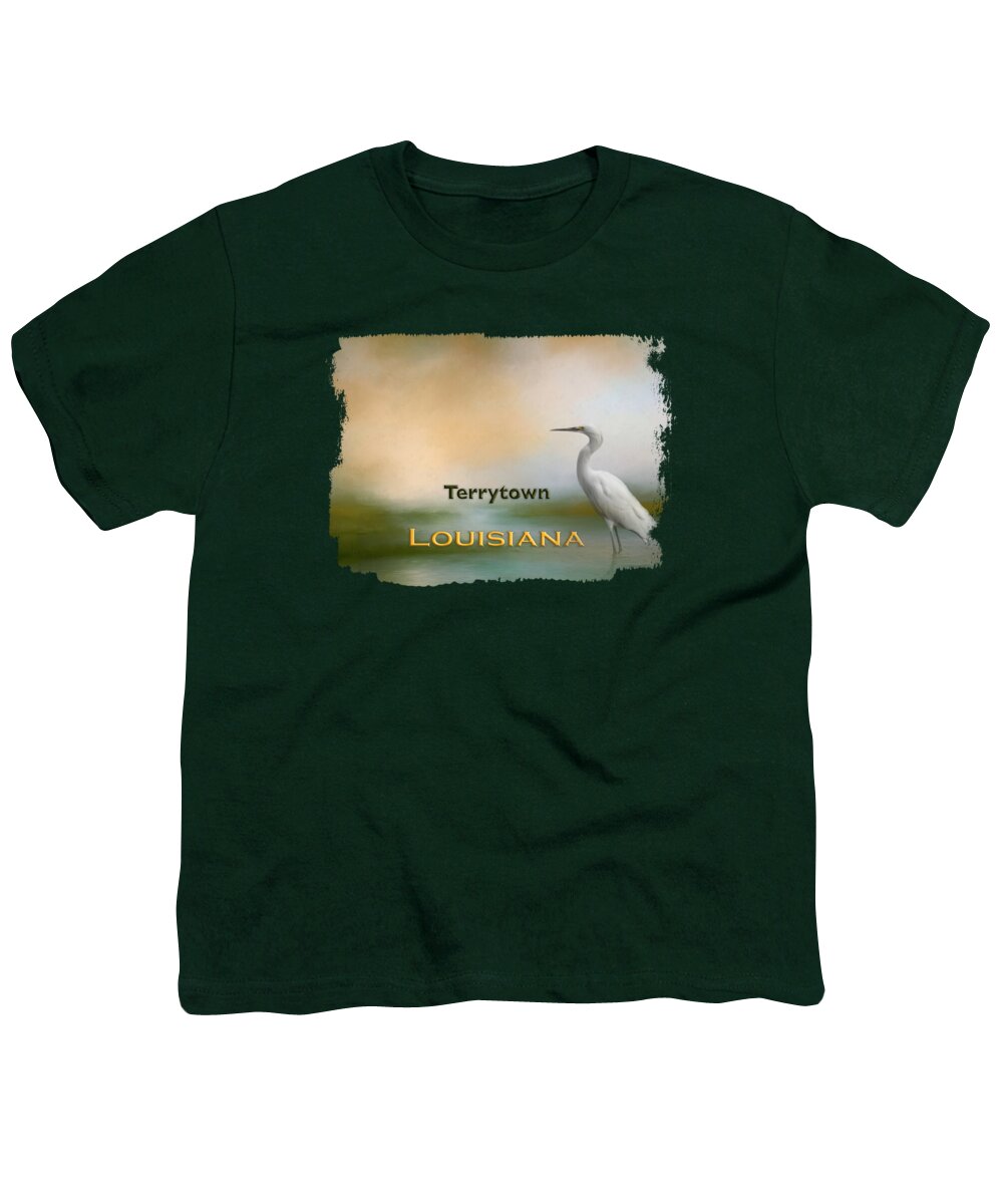 Terrytown Youth T-Shirt featuring the mixed media Egret Terrytown LA by Elisabeth Lucas