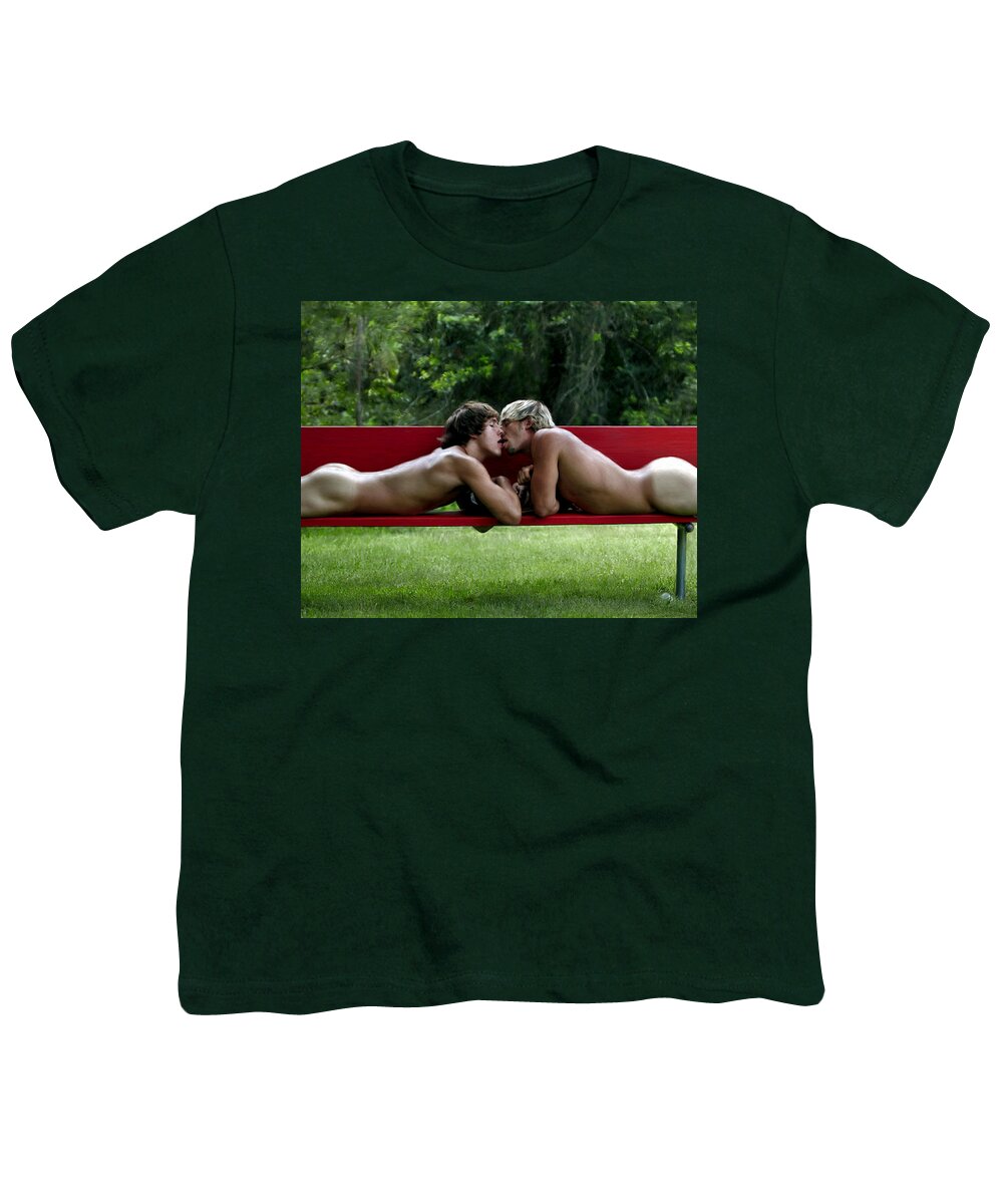 Gay Youth T-Shirt featuring the painting Kiss on a Bench by Troy Caperton