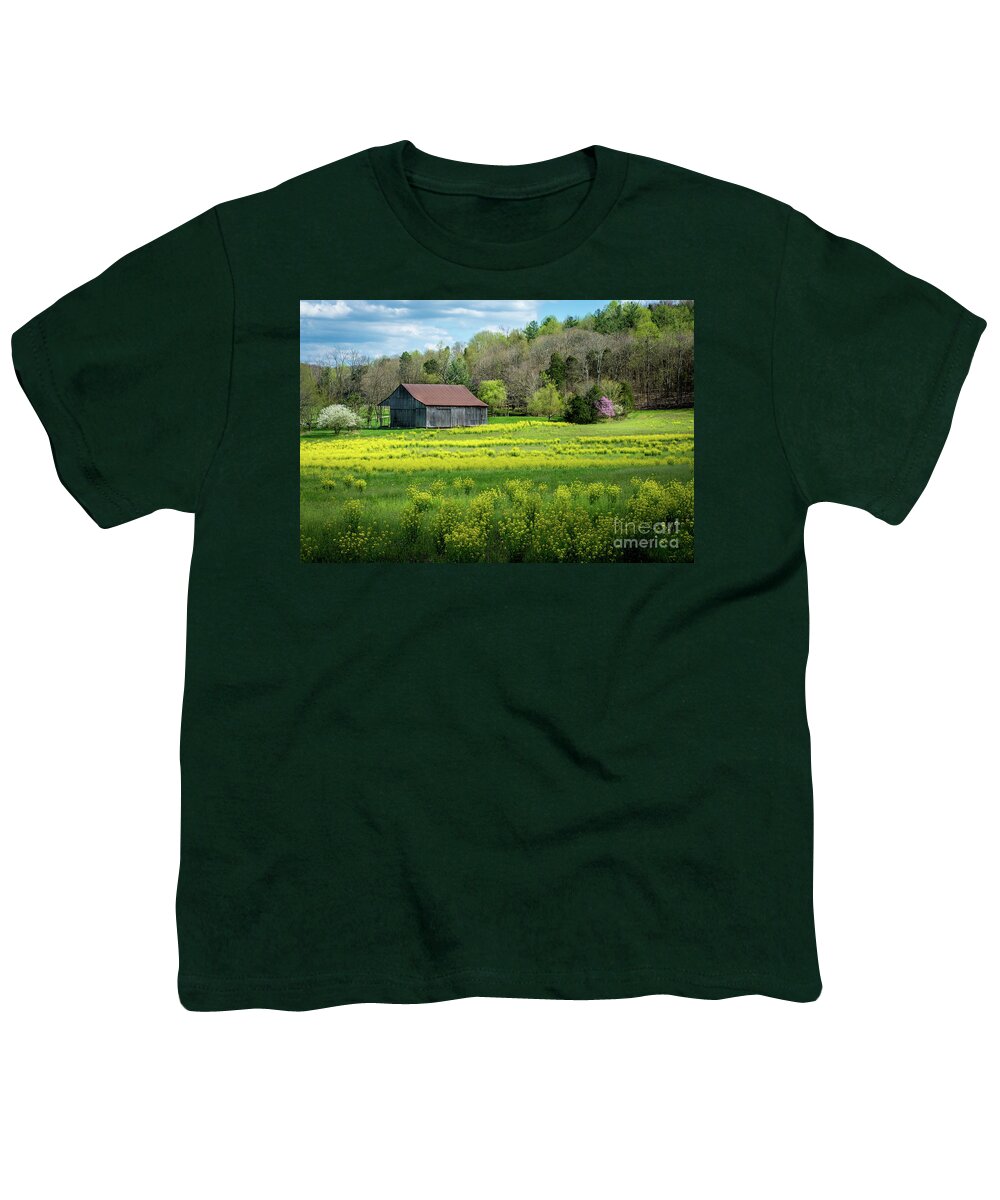 Obannon Woods State Park Youth T-Shirt featuring the photograph Obannon Woods Barn in Spring - White Cloud - Indiana by Gary Whitton