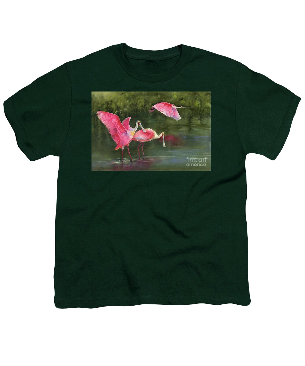 Watercolor Spoonbills Youth T-Shirt featuring the painting Spoonbills by Amy Kirkpatrick