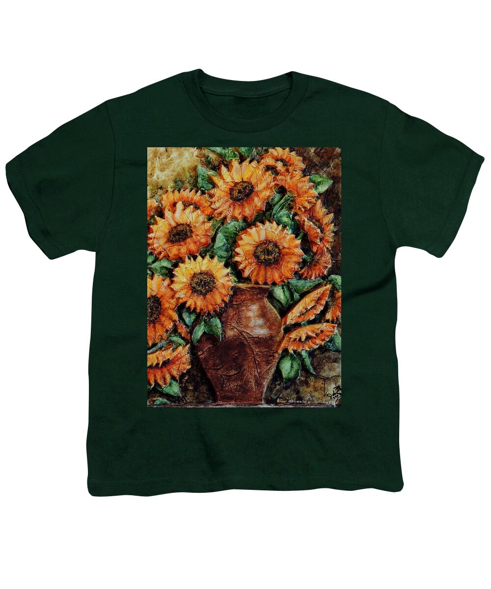 Sunflower Acrylic Painting Vase Flowers Floral Still Life Youth T-Shirt featuring the painting Sunflowers by John Bohn