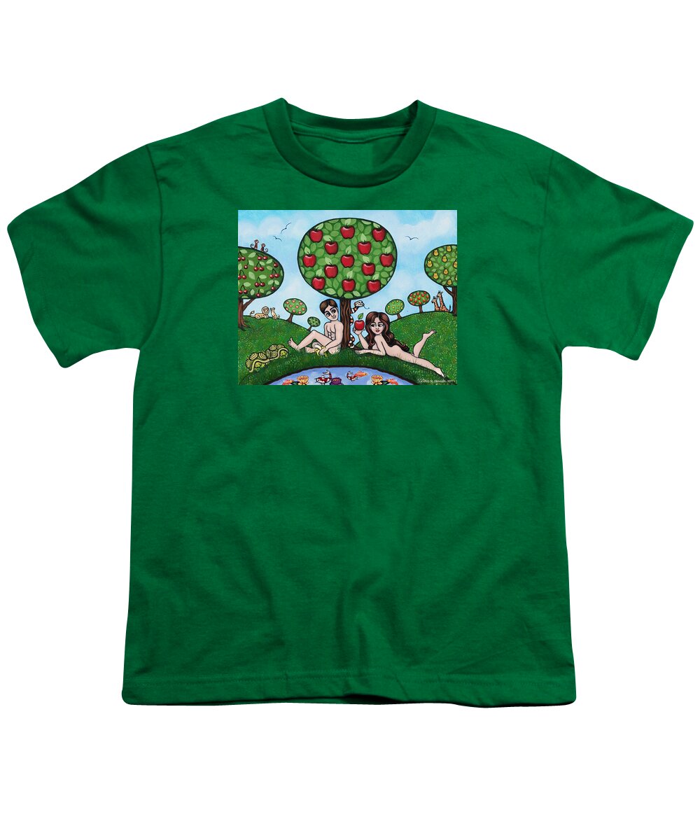 Adam And Eve Youth T-Shirt featuring the painting Adam and Eve The Naked Truth by Victoria De Almeida