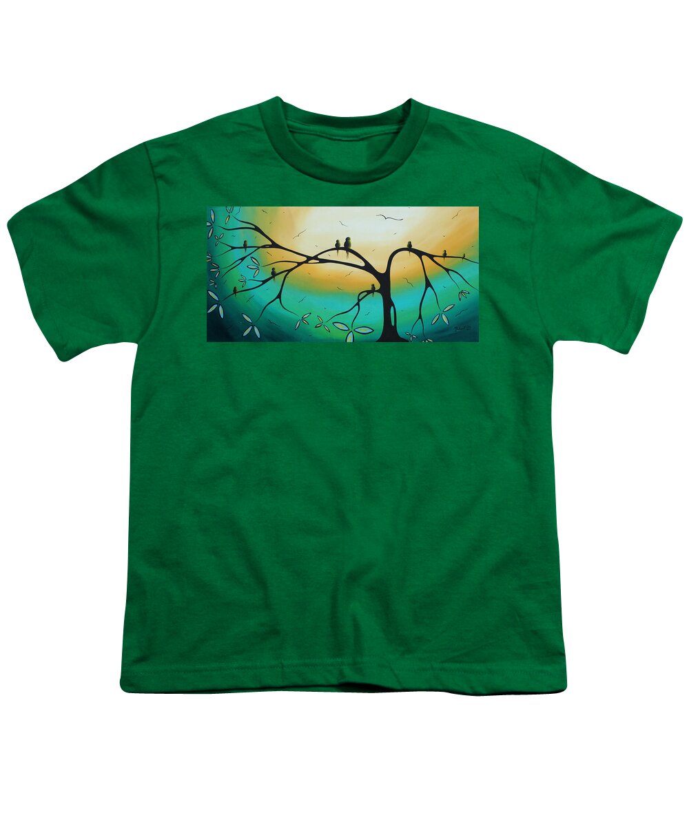 Painting Youth T-Shirt featuring the painting Abstract Art Landscape Bird Painting FAMILY PERCH by MADART by Megan Aroon
