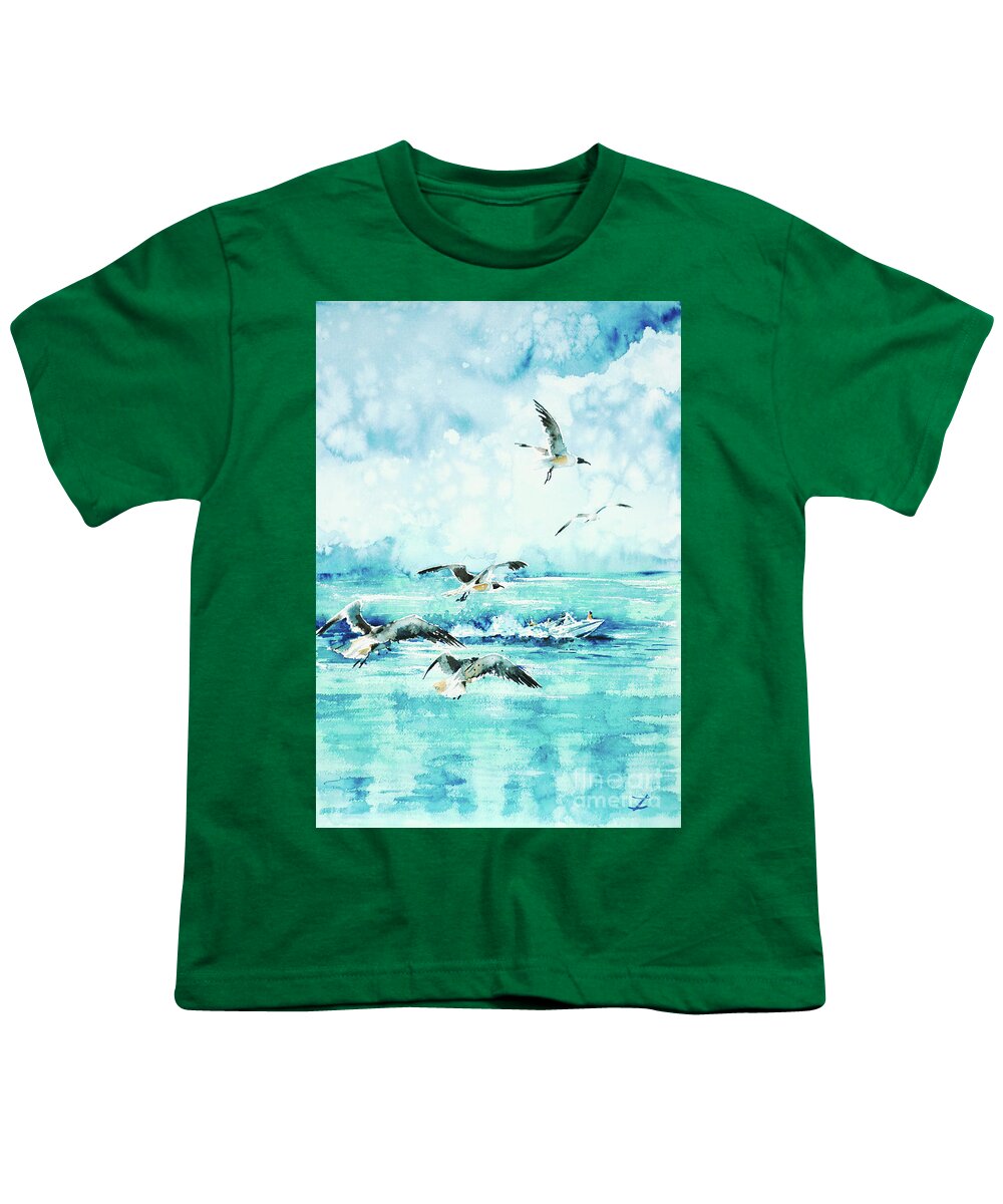 Black-headed Seagulls Youth T-Shirt featuring the painting Black-headed Seagulls at Seven Seas Beach by Zaira Dzhaubaeva