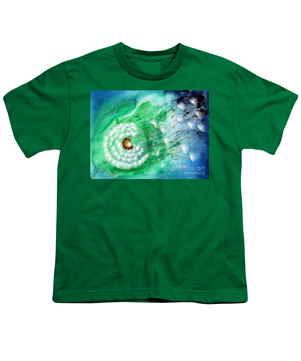 Dandelion Art Youth T-Shirt featuring the painting Blown Away by Maria Barry
