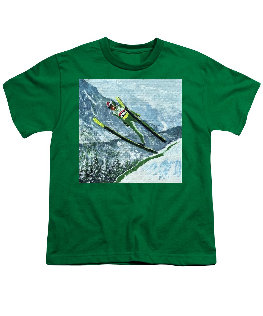 Green Youth T-Shirt featuring the painting Olympic Ski Jumper by ML McCormick
