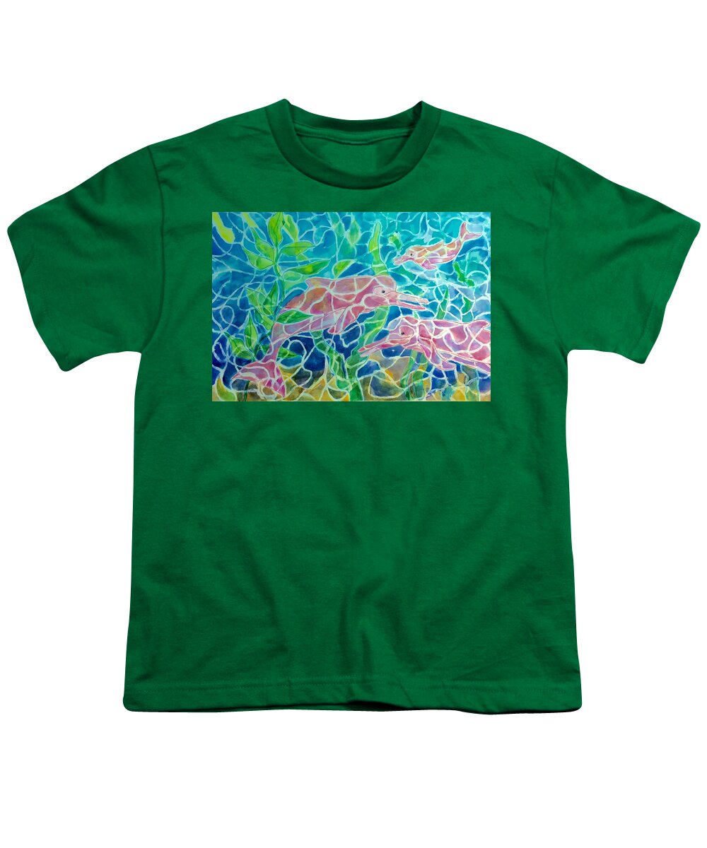 Amazon River Dolphins Youth T-Shirt featuring the painting Amazon River Dolphins - Pink by Ellen Levinson