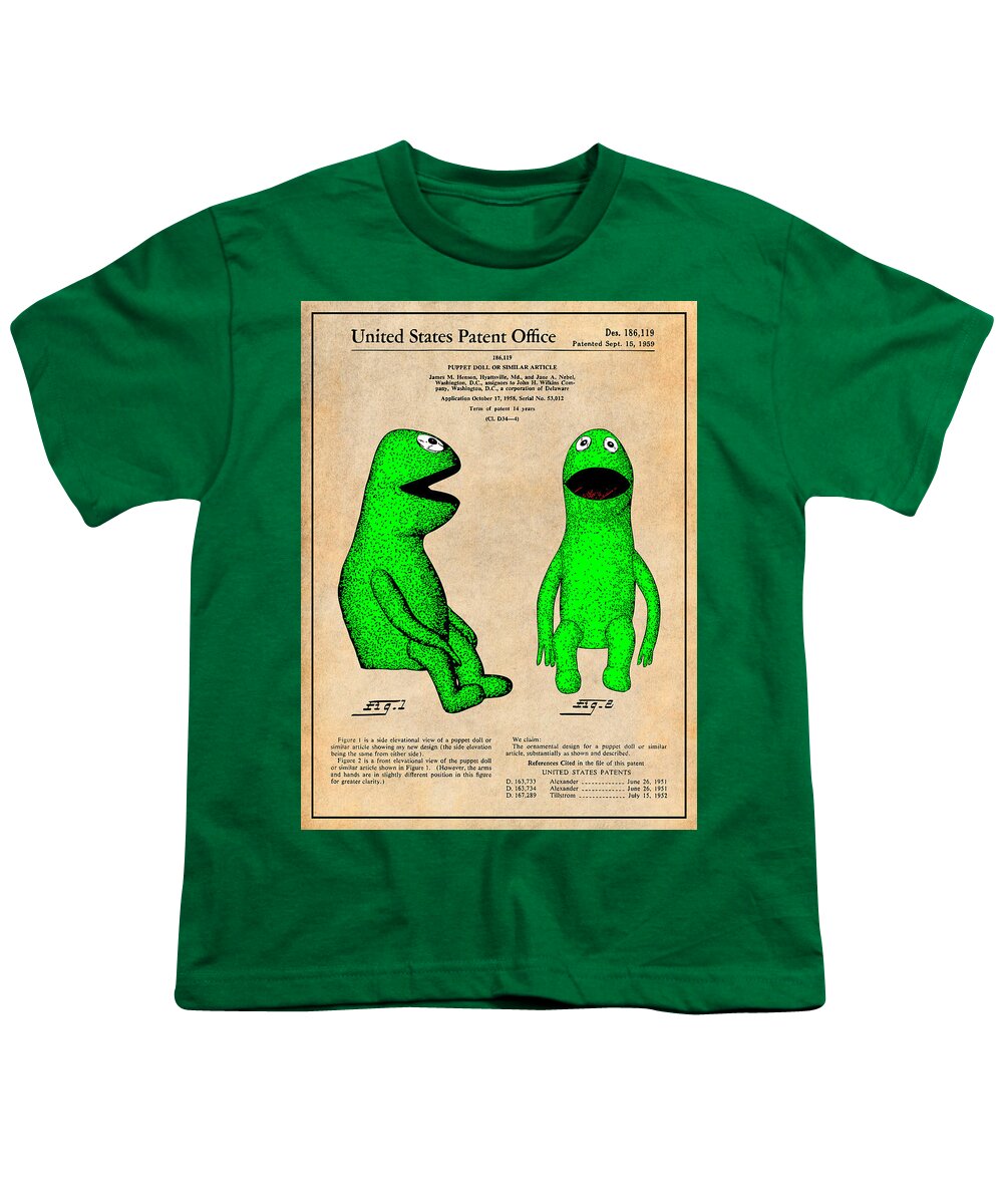 Nursery Wall Art Youth T-Shirt featuring the drawing 1959 Kermit The Frog Jim Henson Muppet Patent Print Antique Paper by Greg Edwards