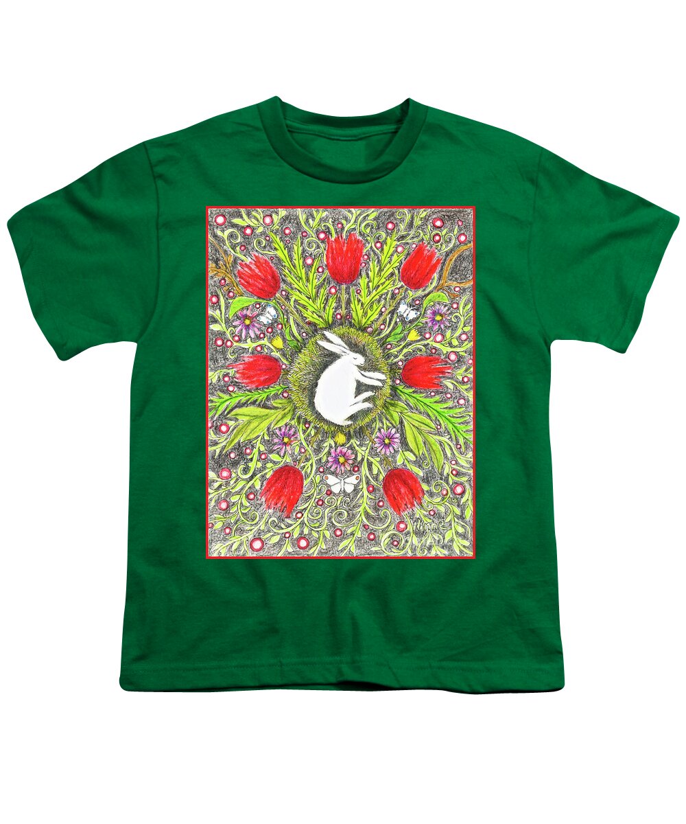 Lise Winne Youth T-Shirt featuring the painting Bunny Nest with Red Flowers and White Butterflies by Lise Winne