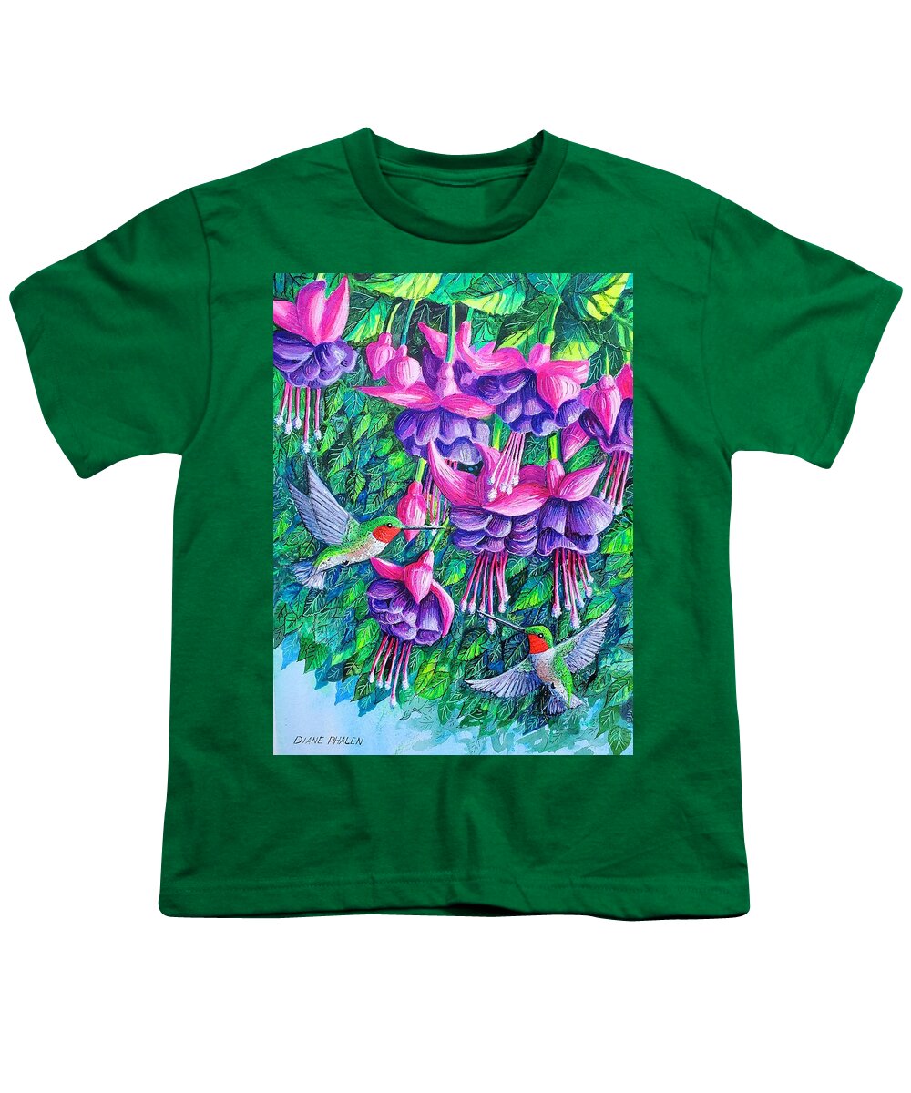 Fuchsia. Hummingbirds Youth T-Shirt featuring the painting Fuchsia Frolic by Diane Phalen