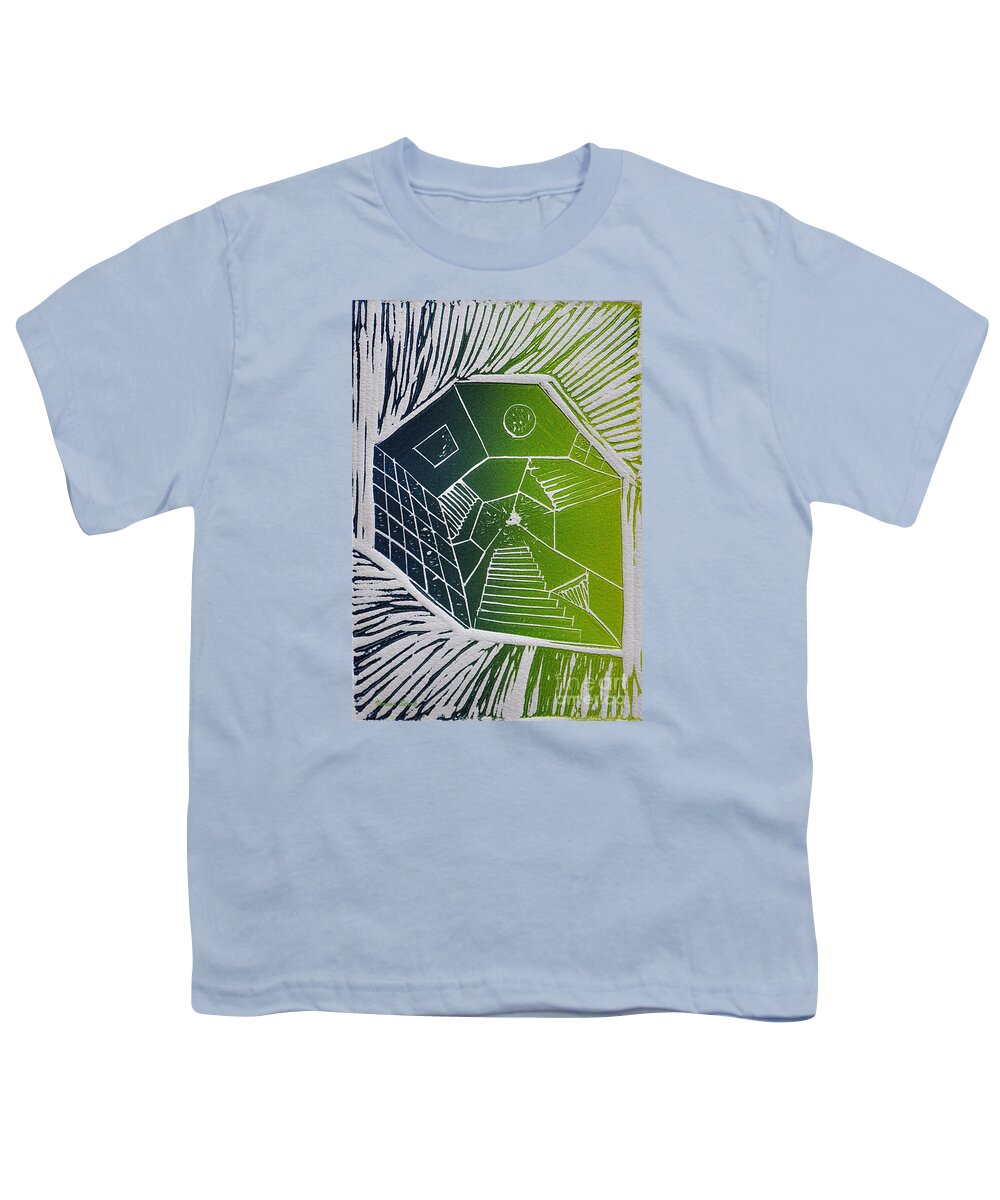 Linocut Youth T-Shirt featuring the mixed media A New Dimension blue and green linocut by Verana Stark