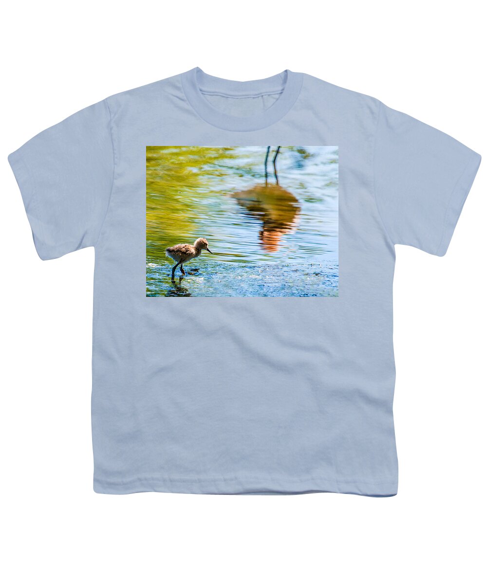  Youth T-Shirt featuring the photograph Avocet chick in Mother's Reflection by Dawn Key